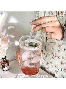 1个450毫升玻璃杯，带盖和吸管，透明，可作茶杯、咖啡杯、果汁杯、牛奶杯、早餐杯、饮料杯