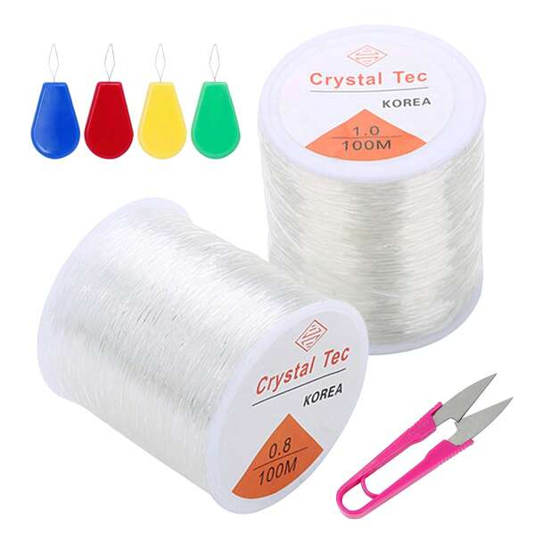 Elastic String Bead Cord,2 Rolls Elastic Bracelet String Cord Crystal String Stretch Line Elastic Beaded String Clear Nylon Invisible Thread For DIY Jewelry Making,Necklace Bracelet(0.8/1mm * 100M)