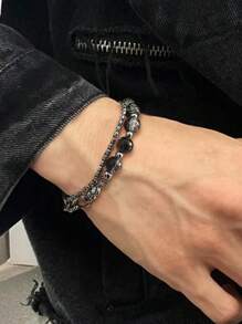 1 Stück Armband aus Titan-Stahl mit Doppelschicht Krakelee-Perlen, Unisex Street Hip Hop Stil Schmuckzubehör