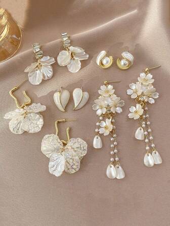 5 Pairs Vintage Sweet Shell Flower & Faux Pearl Geometric Oil Drop Heart Shaped Earrings, Exaggerated Simple Girl Minimalist Earrings Set, Suitable For Women Everyday Or Festival Wear
