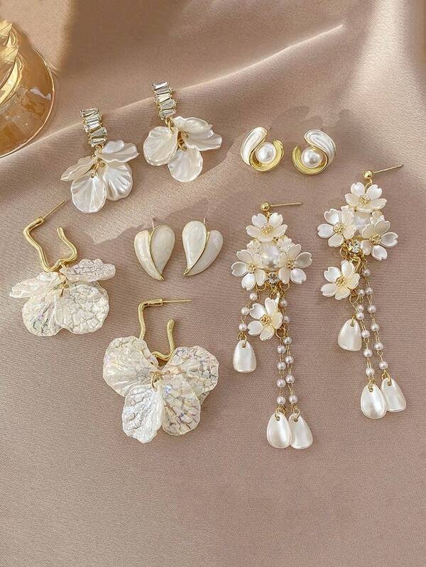 5 pares de pendientes geométricos de forma de corazón con flor de concha vintage y perla artificial, pendientes exagerados y minimalistas simples, adecuados para uso diario o festival de mujeres