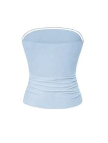 Vaiaye 女士无缝无肩带纯色弹力修身背心，时尚无肩带基础款吊带T恤，适合春夏休闲穿着 - 藍色 - 查看 4