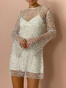 Women's Glitter Mini Dress Long Sleeve Round Neck Sheer Sequin Dress Two Piece Outfit - White - View 3