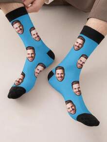 1 Pair, Custom Photo Men's And Women's Medium Socks, Personalised Face Or , Couple's Personalised Medium Socks, Funny Face Socks, Custom Pet Socks, Digital Printing, Comfortable And Funny Socks, Anniversary Gift, Birthday Gift, Father's Day Mother's Day Gift, Funny, Happy, Crazy, Anime, Multicoloured Socks - Multicolor - View 4
