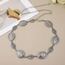 Corrente de Cintura de Metal Prateado Fashionable & Versátil para Mulheres com Incrustação de Pedra Esculpida em Flor, Cinto de Corrente Vintage Gravado, Acessório