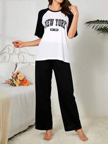 Conjunto de pijama de dos piezas para mujer, de algodón puro, con mangas raglán, color contrastante, cómodo y holgado, para el hogar - Blanco y Negro - Ver 1