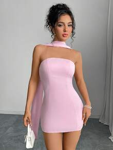 Solid Color Backless Halter Spaghetti Strap Bodycon Clubwear Dress, Sexy Summer - Baby Pink - View 5