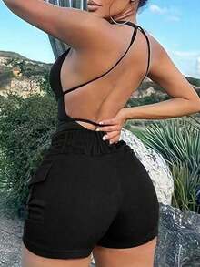 Women's Solid Loose Fit Cargo Shorts, Lightweight High Waist Band Flap Pocket Utility Booty Shorts, Casual Summer Beach & Holiday & Hiking & Outdoor Sports - 黑色 - 查看 4