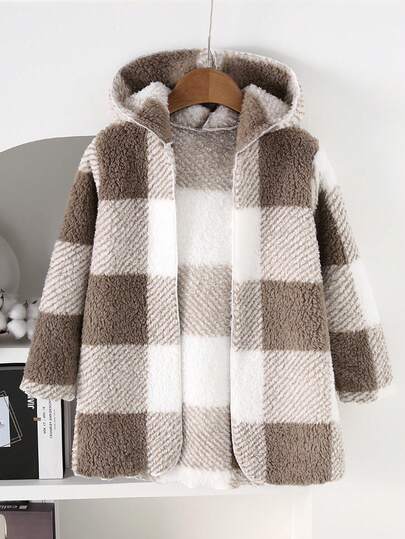 Kleine Mädchen langärmeliger Kapuzen Karomuster Lang Cardigan, lässige Mode für Herbst/Winter