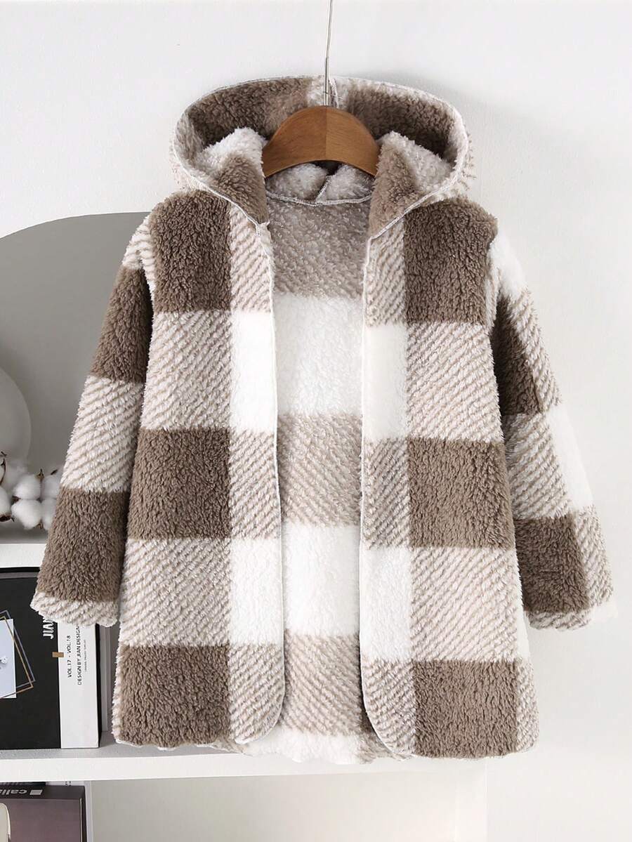 Young Girl/少女'长袖连帽格子长款开衫，秋冬休闲时尚