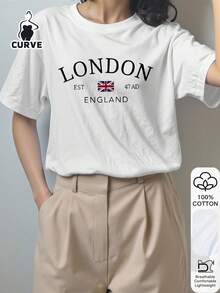 Camiseta de manga corta de talla grande para mujer London Muster, informal, a la moda, de tela suave de algodón, para uso en exteriores, con estampado, para verano. - Negro - Ver 7