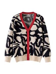 BYGOUBY Plus Size Colorblock Knit Fabric Button-Up Sweater Cardigan, Everyday & Holiday Wear, Autumn/Winter/Fall Vacation - Red - View 5