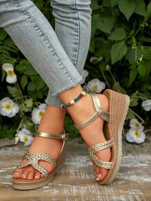 Women's Wedge Heel Thick-Soled Sandals Summer Waterproof Platform Braided Strap Fashion Sandals - Champagne - View 5
