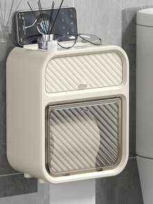 壁挂式双层卫生纸架带抽屉 - 无需钻孔，防水，多功能浴室纸巾盒，自粘式塑料设计，适合返校浴室配件