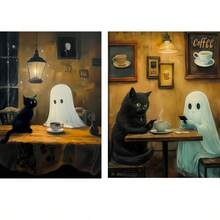 1 件/2 件复古简约可爱幻想风格帆布印刷装饰海报，两个万圣节鬼魂和一只喝咖啡的小黑猫，万圣节墙壁艺术，儿童房、咖啡馆、甜品店、万圣节主题空间的装饰品，无框