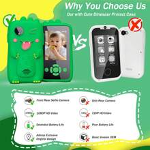 Juguete de teléfono en forma de dinosaurio para niños con cámara HD dual y juegos educativos, funda de silicona resistente a golpes, mejor regalo para niños y niñas de 3 a 12 años (con tarjeta de 32 GB)