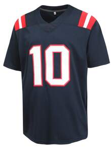 Atonmore Camiseta casual de cuello en V con bordado y costuras de manga corta, color azul, para hombre - Estilo jersey de fútbol americano, rugby y deportivo