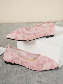 2025新款尖头女鞋时尚蕾丝拼布玫瑰平底鞋透气镂空户外休闲派对乐福鞋优雅温柔风格 - 粉色 - 查看 6