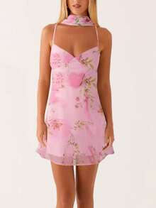 Women Y2K Floral Cami Mini Dress With Choker Scarf Sets Solid Color Spaghetti Strap V-Neck Mesh Bodycon Short Dress Summer Backless Sleeveless Going Out Slip Dress Party Club Beach Vacation Sundress - 彩色 - 查看 3