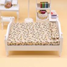 1pc Miniature European Style Wooden & Fabric Doll House Bedroom Furniture Set, Double Bed & Nightstand, Suitable For Doll House Play, Birthday Gifts, Christmas Gifts