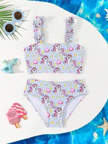 Starry Unicorn Print Young Girls Swimsuit Set - Multicolor - View 1