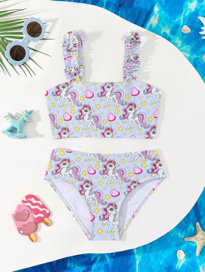 Conjunto de traje de baño con estampado de unicornio estrellado para niñas jóvenes