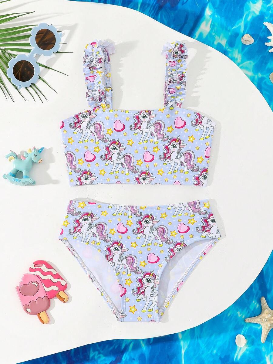 Starry Unicorn Print Young Girls Swimsuit Set - Multicolor - View 1