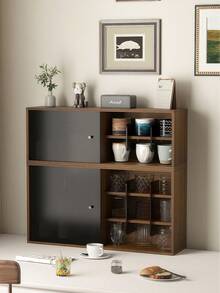 Estante vintage de madera para exhibir tazas - Organizador multi-nivel a prueba de polvo para tazas, con soporte de pared y de escritorio, armario con puerta corrediza, estación de almacenamiento de té y café de cocina.