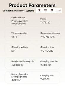 PHILIPS 飞利浦 TAT2320 极简蓝牙耳机，入耳式立体声环绕音效，低延迟，AI智能降噪，高清通话，超长续航，适合运动、办公、睡眠，兼容智能手机和电脑 - 彩色 - 查看 11