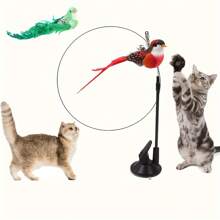 2pcs Set: Detachable Feather Decor Bird Toy + Strong Suction Cup Cat Teaser Wand, Attracting Cats To Pounce, Swat And Stimulate Hunting Instinct
