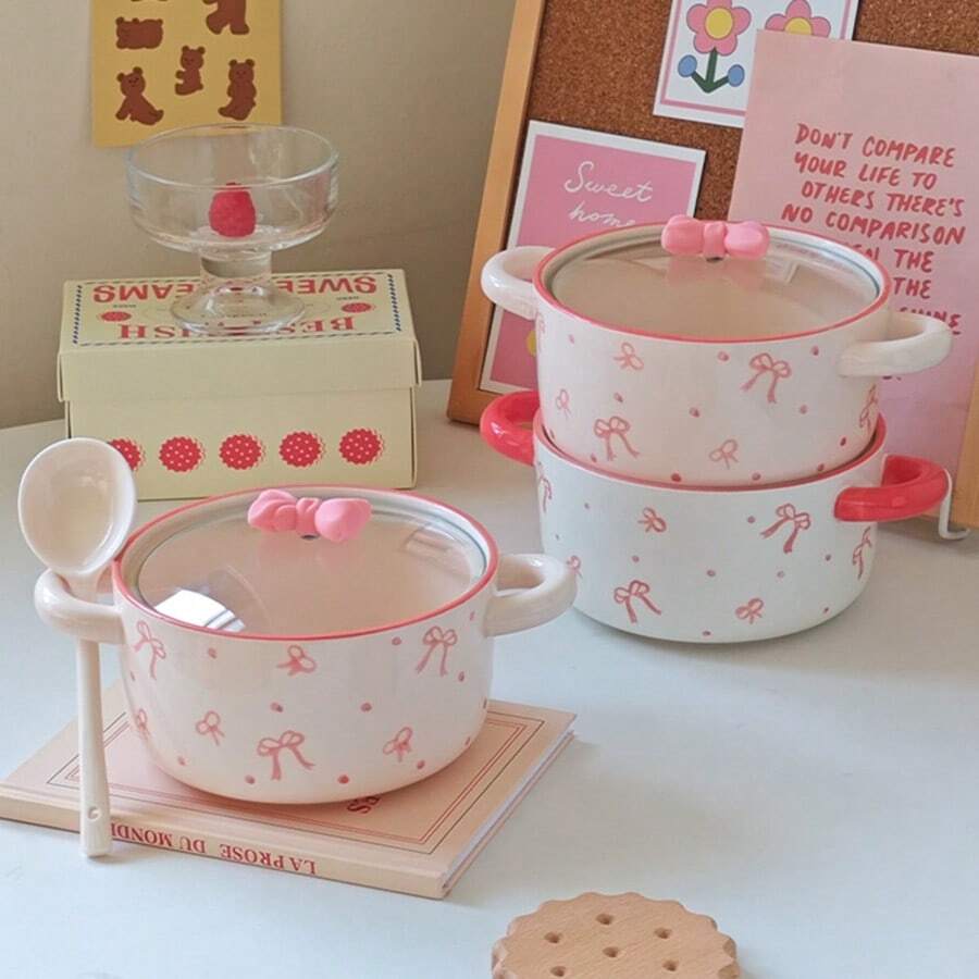 4pcs High-Color Bowknot Ramen Bowls With Lids, Cute Double-Ear Bowls Suitable For Daily Home Use, Parties, Office Ramen, Outdoor Camping Picnics, Gifts, School Supplies