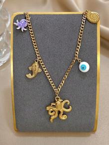 1Pc 18K Gold Plated Bohemia Ocean Octopus, Fish, Shell & Evil Eye Charms Bracelet For Women Girls, Fade-Resistant Stainless Steel Jewelry, Mom Gift, Teacher Gift, Summer Travel Beach Jewelry, Rave/Prom/Party/Daily Accessories, Back To School Gift, Birthday Gift, Pride Accessories