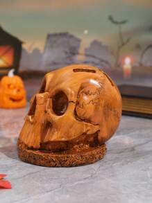 1 Stück Holzfarbener Schädel Deko Besteckhalter, Halloween Heim Dekoration Figur, Halloween Party Szene Dekoration