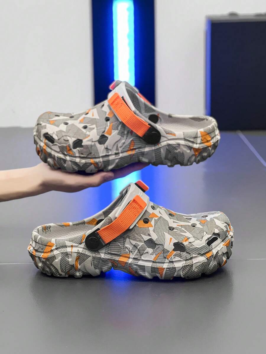 男士镂空木屐，时尚街头风格拼布木屐 - 透气防滑 EVA 凉鞋，带可调节绑带，适合春、夏、秋季休闲户外活动 - 灰黃 - 查看 1