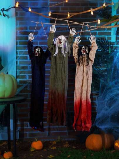 恐怖创意万圣节鬼魂三头骷髅纱吊饰鬼房鬼屋庭院挂饰房间装饰恐怖装饰道具主题派对装饰家居装饰派对用品 (请注意，产品脸部为手绘，可能会有上色不均匀的情况。为方便运输，产品将折叠发货)