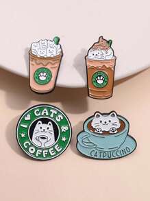 1/4 peças Broche de Liga Metálica Decorativo e Versátil de Café, Gato e Sorvete em Estilo Cartoon