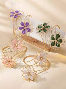 1件优雅复古金色金属手镯，饰以绿色大理石花卉图案 - 夸张不对称镂空花朵设计，适合日常佩戴、正式场合、母亲节礼物、派对配饰，工艺精湛，尽显奢华质感。