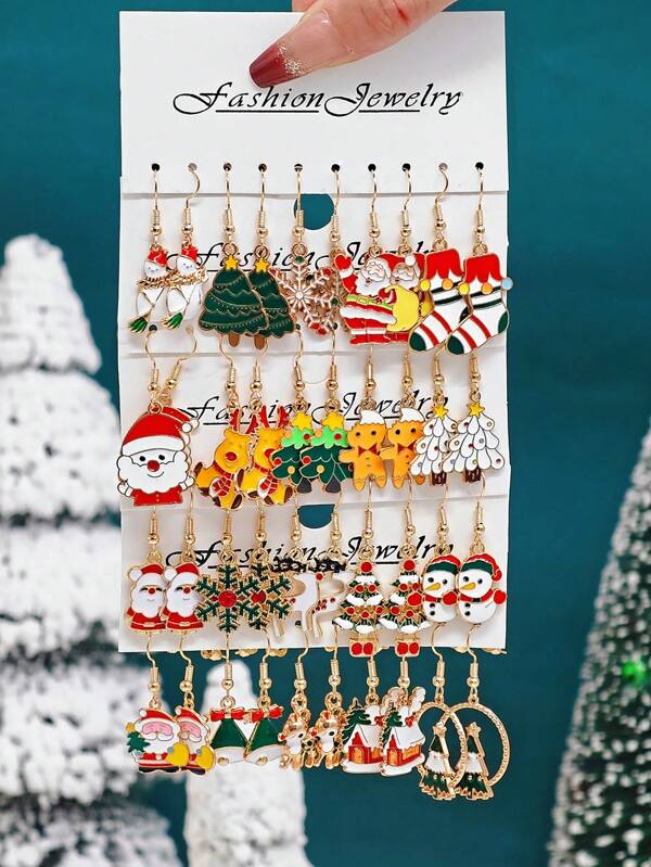 10pcs/40pcs Christmas Series Cute Cartoon Zinc Alloy Enamel Santa Claus, Reindeer, Christmas Tree, Gingerbread Man Earrings Set, Christmas Gift