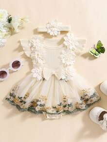 Baby Girl Dress Romper Newborn Romper Dress Flowers Embroidery Tulle Skirt Infant Girl Summer Clothes With Headband 2Pcs - 杏色 - 查看 1