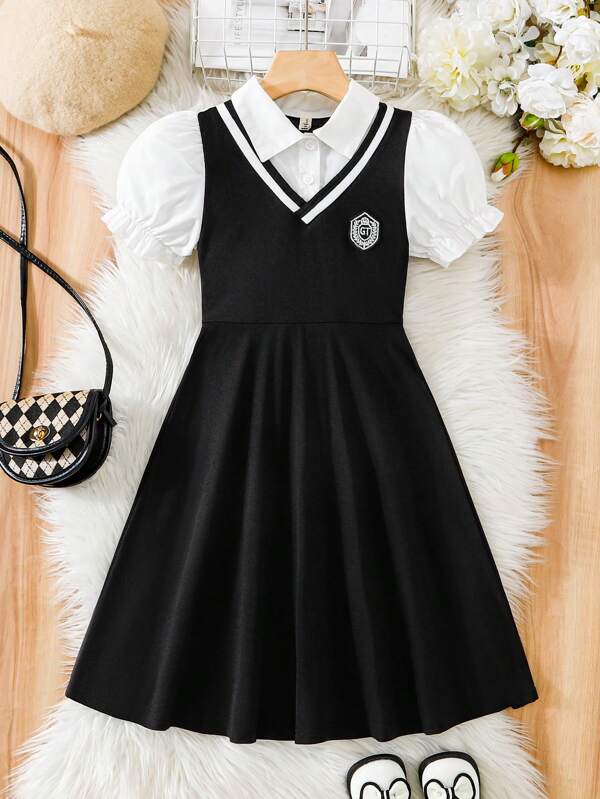 Vestido con cuello para niña preadolescente con apariencia de 2 en 1, estilo escolar