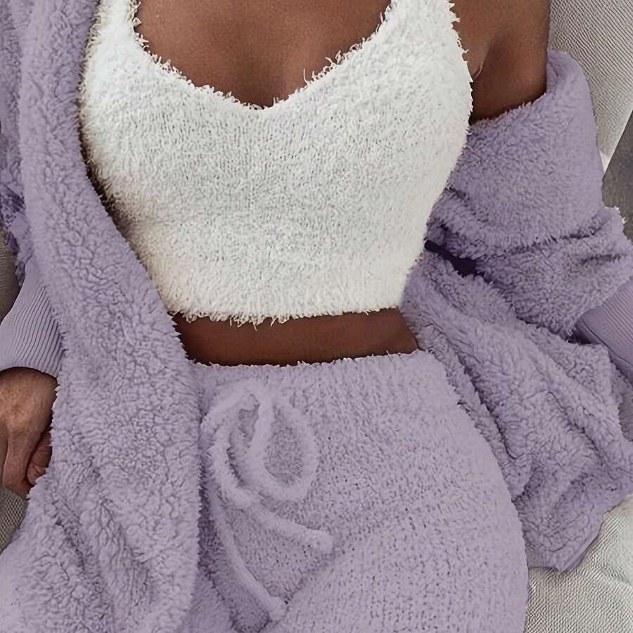 Set de pijama de 3 piezas para mujer con top corto de manga larga y pantalones cortos con cordón - Morado - Ver 1