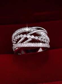 1pc Elegant Exquisite Sparkling Criss-Cross Design Cubic Zirconia Wide Band Ring, Gift For Women On Valentine's Day, Anniversary, Suitable For Wedding, Engagement, Casual Wear, Birthday Party