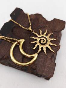 2pcs/Set Summer Beach Boho Vintage Personalized Fashion Sun & Moon Pendant Necklaces, Niche Design Elegant Long Chain Necklace For Women, Adjustable For Daily, Holiday, Party Wear