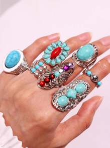 Juego de 7 piezas de anillos de tono turquesa y plateado de aleación con diseño elegante y vintage, apropiado para uso diario, festivales y fiestas