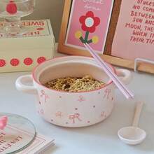 4pcs High-Color Bowknot Ramen Bowls With Lids, Cute Double-Ear Bowls Suitable For Daily Home Use, Parties, Office Ramen, Outdoor Camping Picnics, Gifts, School Supplies