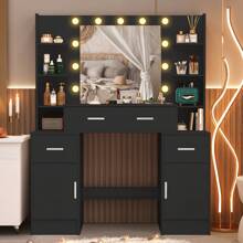 Dressing Table With LED Lights, Mirror, Drawers And Cabinets, Dressing Table Set – Large Dressing Table Set For The Bedroom – Black