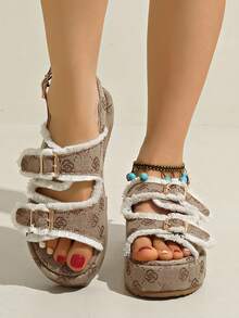 Women's Round Toe Thick Bottom Platform Wedge Slip On Open Toe Mules - Brown - View 5