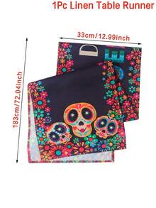 1 件墨西哥风格骷髅亚麻桌旗，13x72 英寸，墨西哥狂欢节派对桌布桌布适用于亡灵节狂欢节万圣节派对用品、餐厅和家居装饰节日餐桌装饰用品 - 彩色 - 查看 4