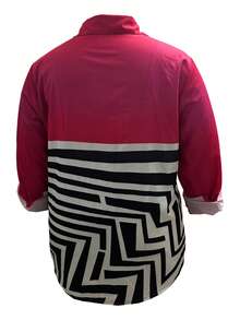 Plus Size Casual Everyday Contrast Stripe Button Front Long Sleeve Shirt - Hot Pink - View 2
