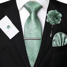 Juego de 5 piezas, corbata clásica de hombre con estampado de cachemira, corbata de tela de 1200 agujas con flor de anacardo, pañuelo de bolsillo, gemelos, clip de corbata y alfiler de solapa, adecuado para hombre en trabajo, negocios, formal, boda, casual y graduación